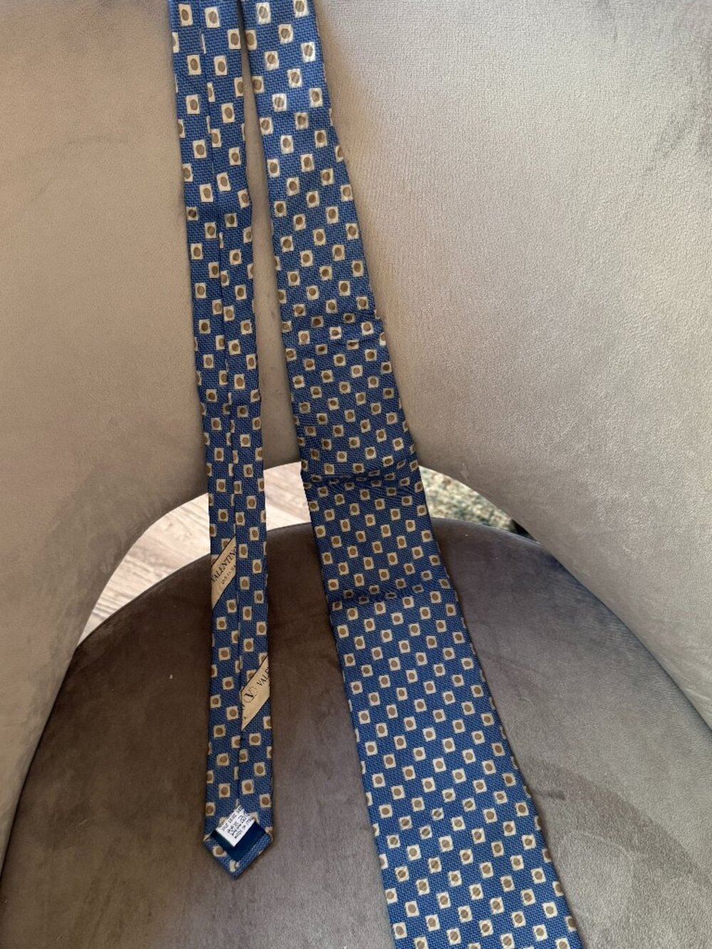 Vintage Valentino Cravatte Slate Blue & Gold Geometric Silk Tie - Made in Italy